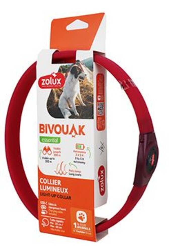 Obojek LED velký BIVOUAK 30-60cm USB červená Zolux